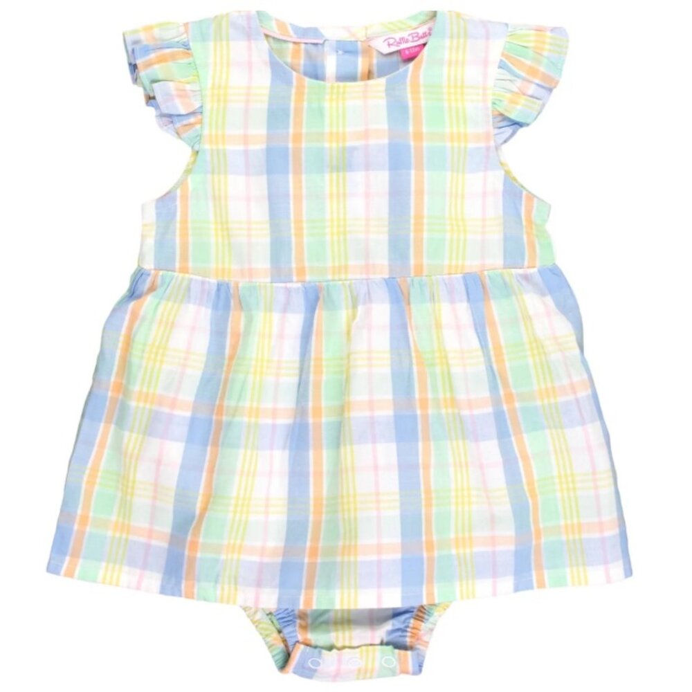 18-24 months RuffleButts Flutter Sleeve Skirted Romper Clubhouse Rainbow Plaid